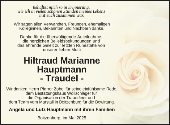 Traueranzeige von Hiltraud Marianne Hauptmann von Uckermark Kurier Templiner Zeitung