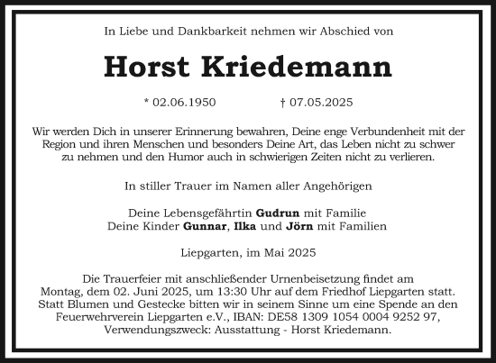 Traueranzeige von Horst Kriedemann von Nordkurier Haff-Zeitung