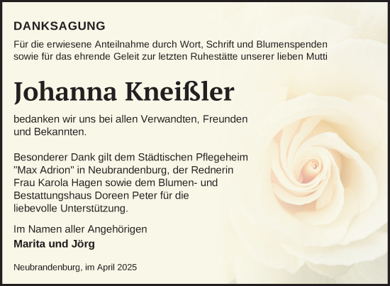 Traueranzeige von Johanna Kneißler von Nordkurier Neubrandenburger Zeitung
