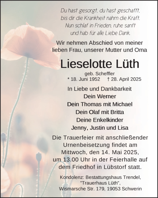 Traueranzeige von Lieselotte Lüth von Zeitung für die Landeshauptstadt