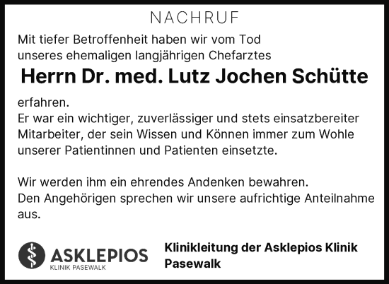 Traueranzeige von Lutz Jochen Schütte von Nordkurier Pasewalker Zeitung