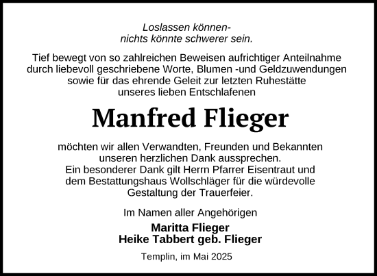 Traueranzeige von Manfred Flieger von Uckermark Kurier Templiner Zeitung