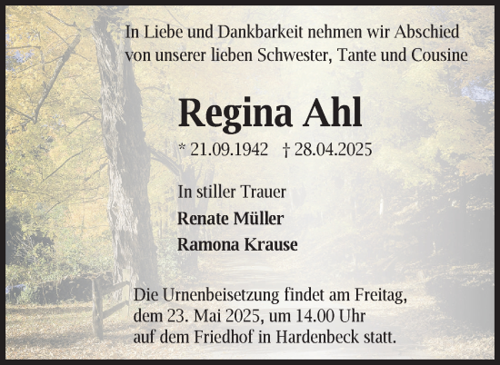 Traueranzeige von Regina Ahl von Uckermark Kurier Templiner Zeitung