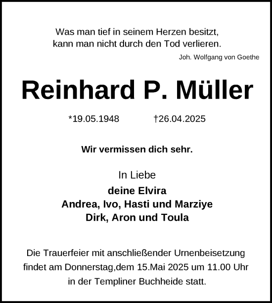 Traueranzeige von Reinhard P. Müller von Uckermark Kurier Templiner Zeitung