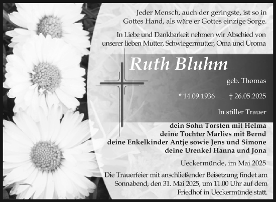 Traueranzeige von Ruth Bluhm von Nordkurier Haff-Zeitung