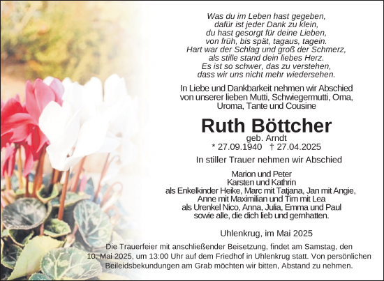 Traueranzeige von Ruth Böttcher von Nordkurier Pasewalker Zeitung