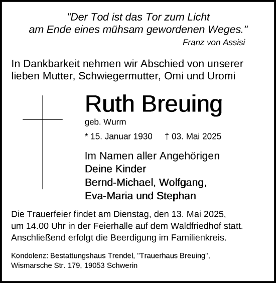Traueranzeige von Ruth Breuing von Zeitung für die Landeshauptstadt