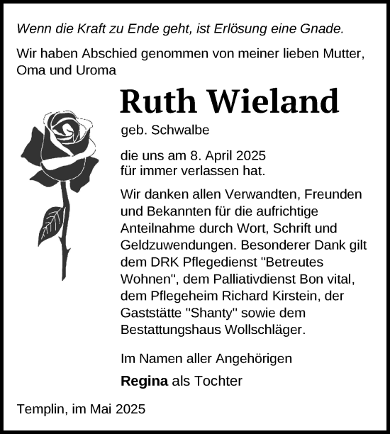 Traueranzeige von Ruth Wieland von Uckermark Kurier Templiner Zeitung