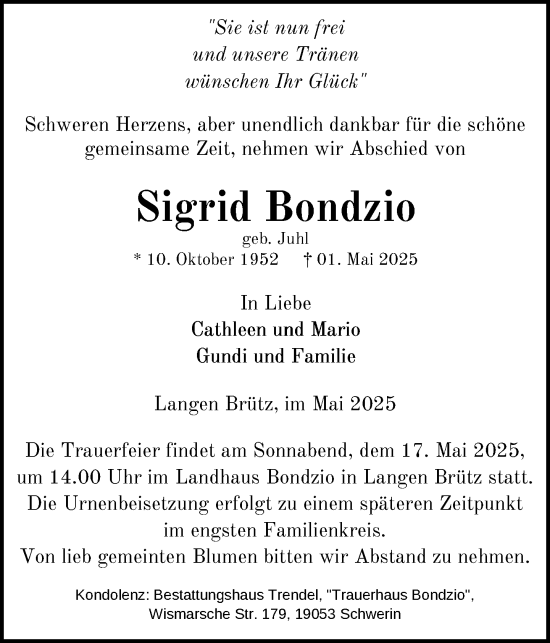 Traueranzeige von Sigrid Bondzio von Zeitung für die Landeshauptstadt