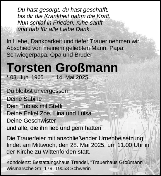 Traueranzeige von Torsten Großmann von Zeitung für die Landeshauptstadt
