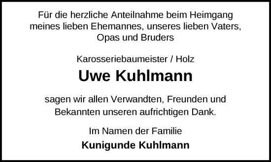 Traueranzeige von Uwe Kuhlmann von Zeitung für die Landeshauptstadt