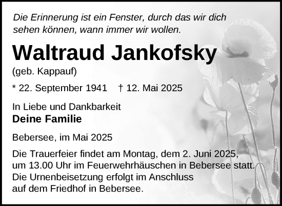 Traueranzeige von Waltraud Jankofsky von Uckermark Kurier Templiner Zeitung