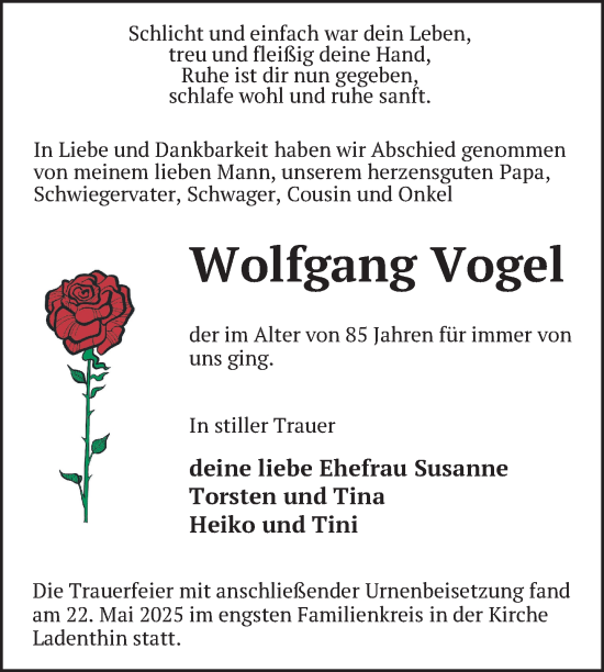 Traueranzeige von Wolfgang Vogel von Nordkurier Pasewalker Zeitung
