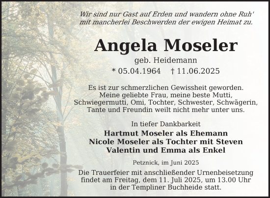 Traueranzeige von Angela Moseler von Uckermark Kurier Templiner Zeitung