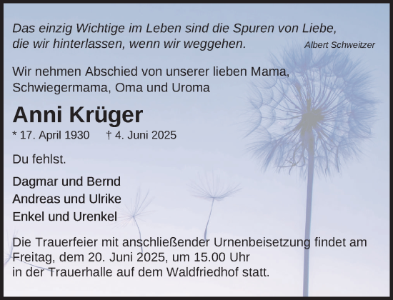 Traueranzeige von Anni Krüger von Zeitung für die Landeshauptstadt