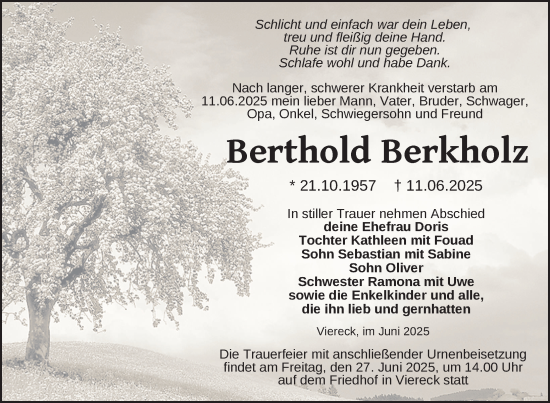 Traueranzeige von Berthold Berkholz von Nordkurier Pasewalker Zeitung