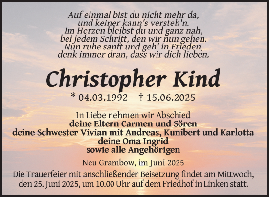 Traueranzeige von Christopher Kind von Nordkurier Pasewalker Zeitung