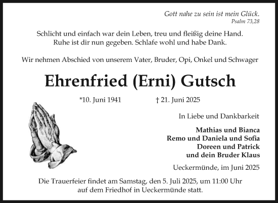 Traueranzeige von Ehrenfried Gutsch von Nordkurier Haff-Zeitung
