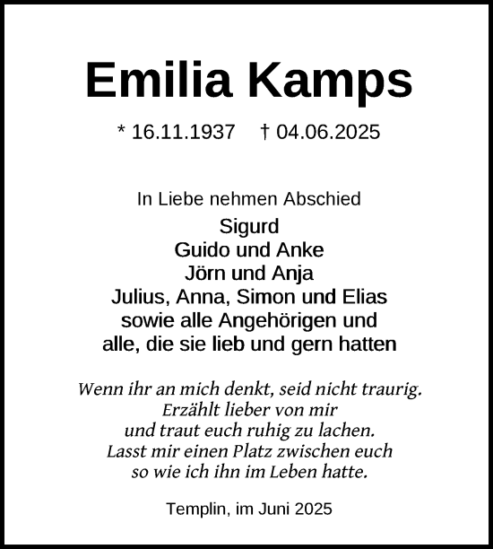 Traueranzeige von Emilia Kamps von Uckermark Kurier Templiner Zeitung