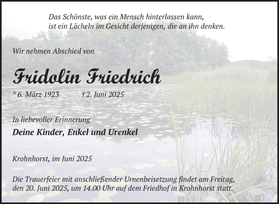 Traueranzeige von Fridolin Friedrich von Uckermark Kurier Templiner Zeitung
