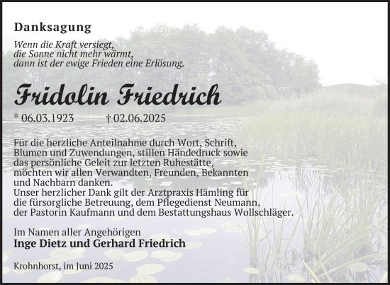 Traueranzeige von Fridolin Friedrich von Uckermark Kurier Templiner Zeitung