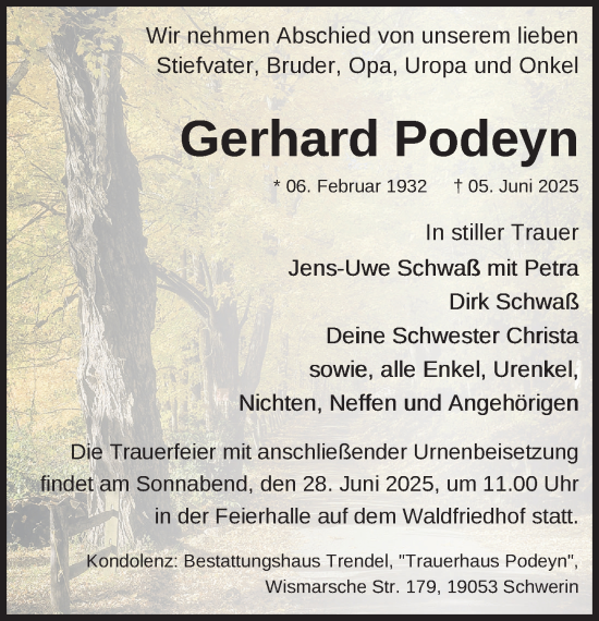 Traueranzeige von Gerhard Podeyn von Zeitung für die Landeshauptstadt