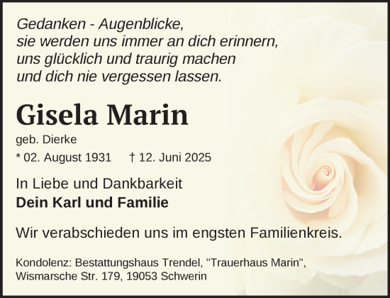 Traueranzeige von Gisela Marin von Anzeiger für Sternberg - Brüel - Warin