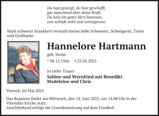 Traueranzeige von Hannelore Hartmann von Nordkurier Pasewalker Zeitung