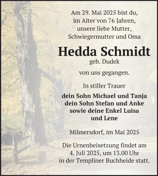 Traueranzeige von Hedda Schmidt von Uckermark Kurier Templiner Zeitung