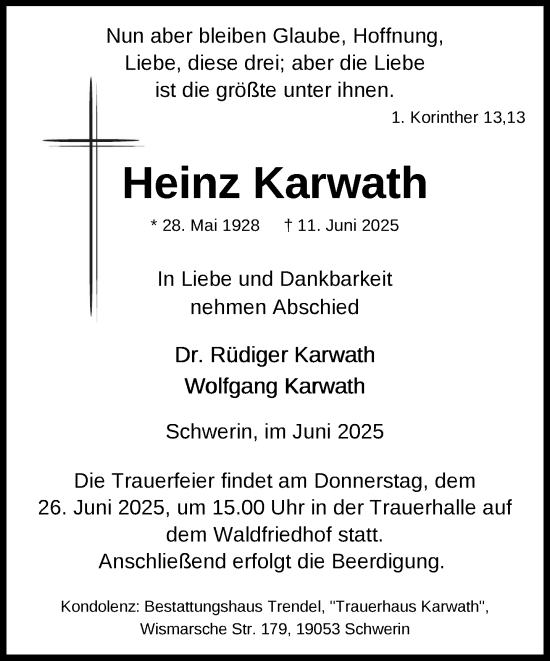 Traueranzeige von Heinz Karwath von Zeitung für die Landeshauptstadt