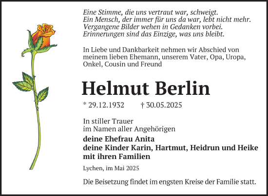 Traueranzeige von Helmut Berlin von Uckermark Kurier Templiner Zeitung