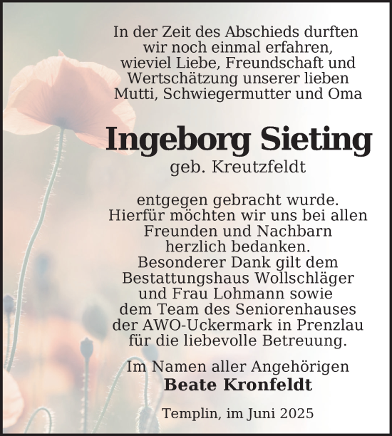 Traueranzeige von Ingeborg Sieting von Uckermark Kurier Templiner Zeitung