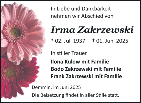 Traueranzeige von Irma Zakrzewski von Nordkurier Demminer Zeitung