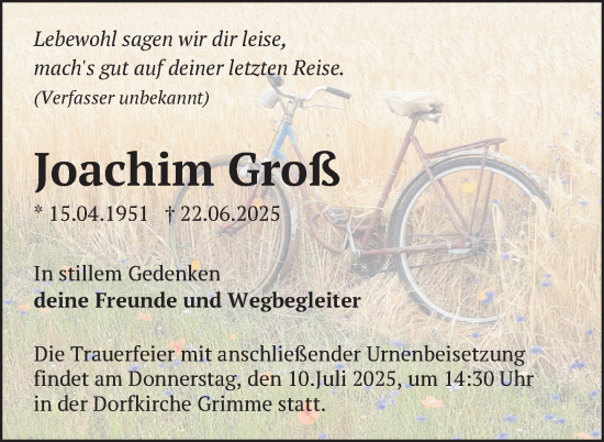 Traueranzeige von Joachim Groß von Uckermark Kurier Prenzlauer Zeitung