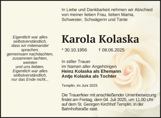 Traueranzeige von Karola Kolaska von Uckermark Kurier Templiner Zeitung