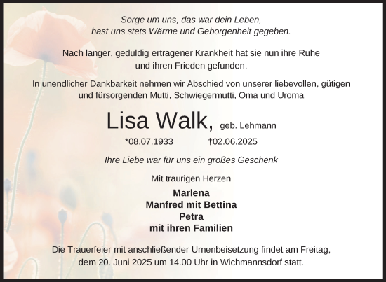 Traueranzeige von Lisa Walk von Nordkurier Neubrandenburger Zeitung