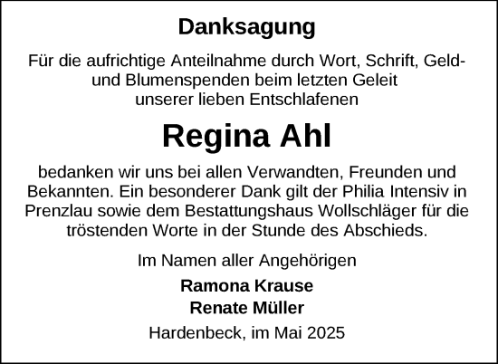 Traueranzeige von Regina Ahl von Uckermark Kurier Templiner Zeitung
