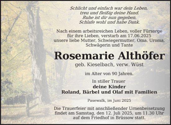 Traueranzeige von Rosemarie Althöfer von Nordkurier Pasewalker Zeitung