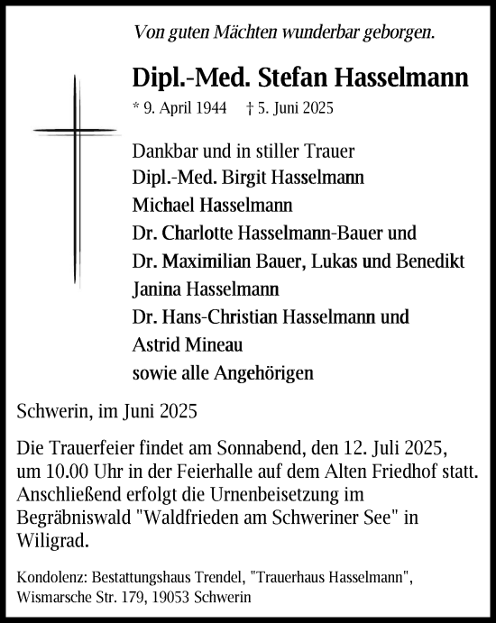 Traueranzeige von Stefan Hasselmann von Zeitung für die Landeshauptstadt