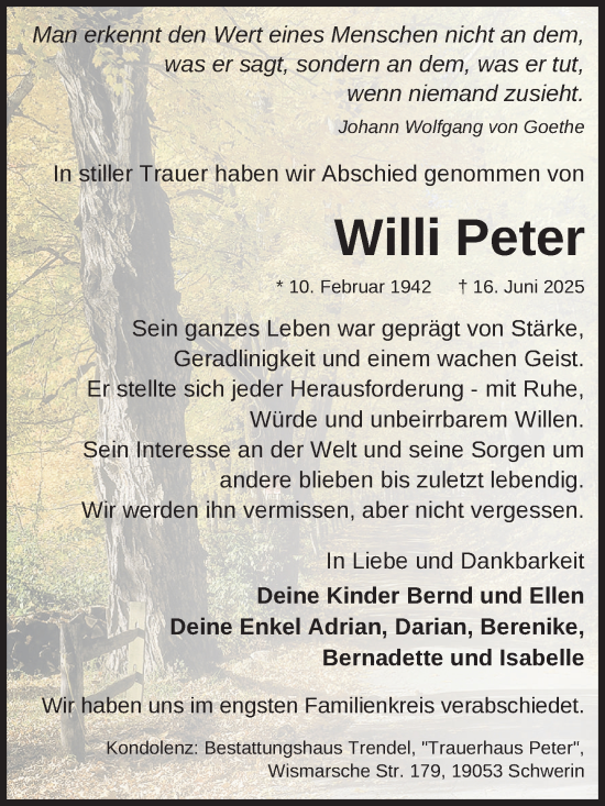 Traueranzeige von Willi Peter von Zeitung für die Landeshauptstadt