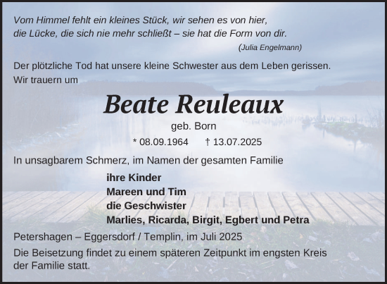 Traueranzeige von Beate Reuleaux von Uckermark Kurier Templiner Zeitung