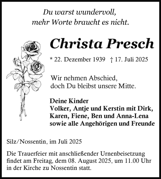 Traueranzeige von Christa Presch von Nordkurier Müritz-Zeitung