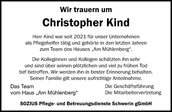 Traueranzeige von Christopher Kind von Zeitung für die Landeshauptstadt