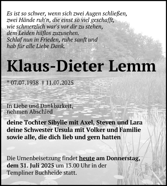 Traueranzeige von Klaus-Dieter Lemm von Uckermark Kurier Templiner Zeitung