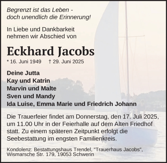 Traueranzeige von Eckhard Jacobs von Zeitung für die Landeshauptstadt