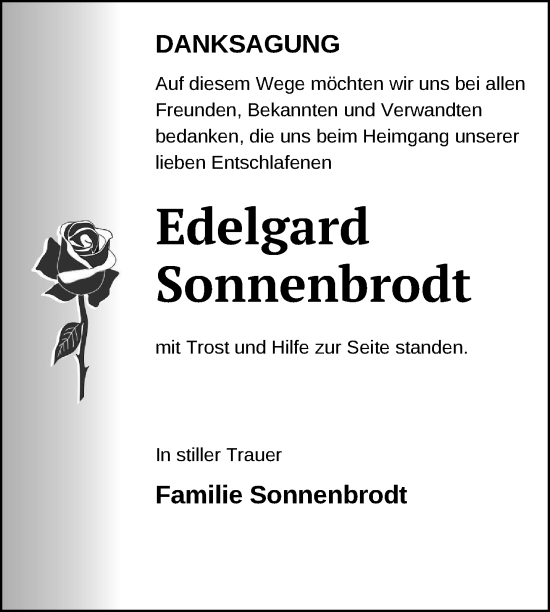 Traueranzeige von Edelgard Sonnenbrodt von Uckermark Kurier Templiner Zeitung