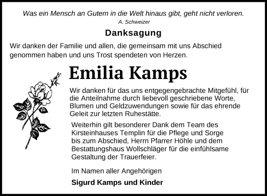 Traueranzeige von Emilia Kamps von Uckermark Kurier Templiner Zeitung