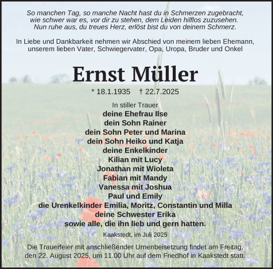 Traueranzeige von Ernst Müller von Uckermark Kurier Templiner Zeitung