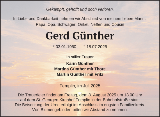 Traueranzeige von Gerd Günther von Uckermark Kurier Templiner Zeitung