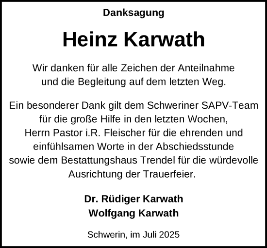 Traueranzeige von Heinz Karwath von Zeitung für die Landeshauptstadt